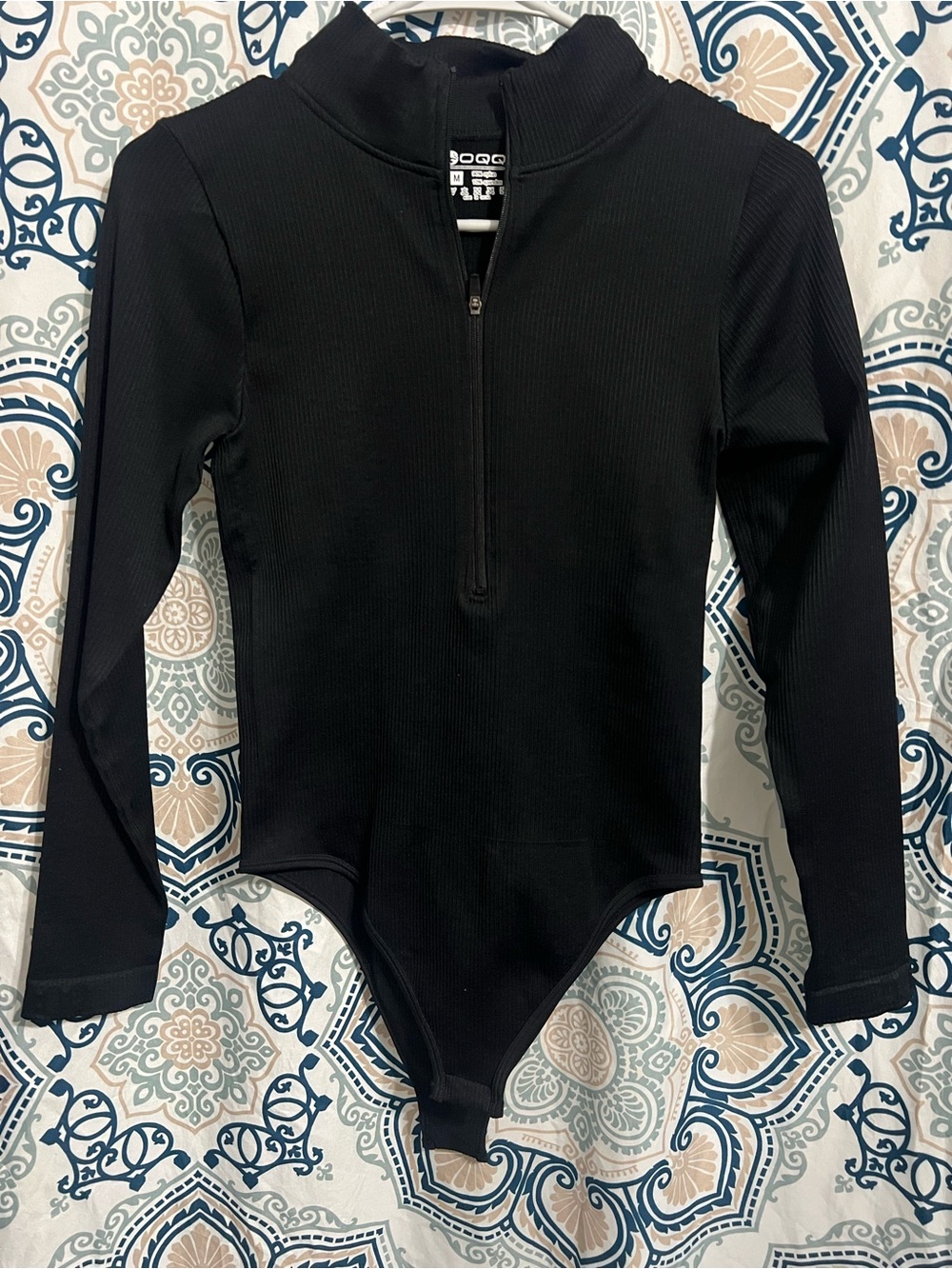 Ribbed Black Long-Sleeve Zip-Front Bodysuit